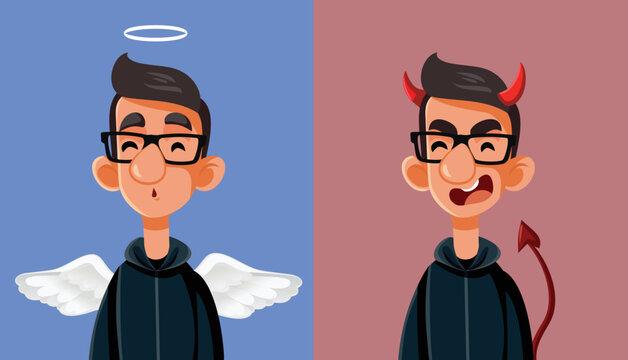 Angelic versus Demonic Teenager Boy Vector Cartoon Illustration. Teenage boy having different personalities experiencing puberty

