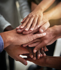 Hands of group of corporate business people in unity for motivation, success and showing teamwork....