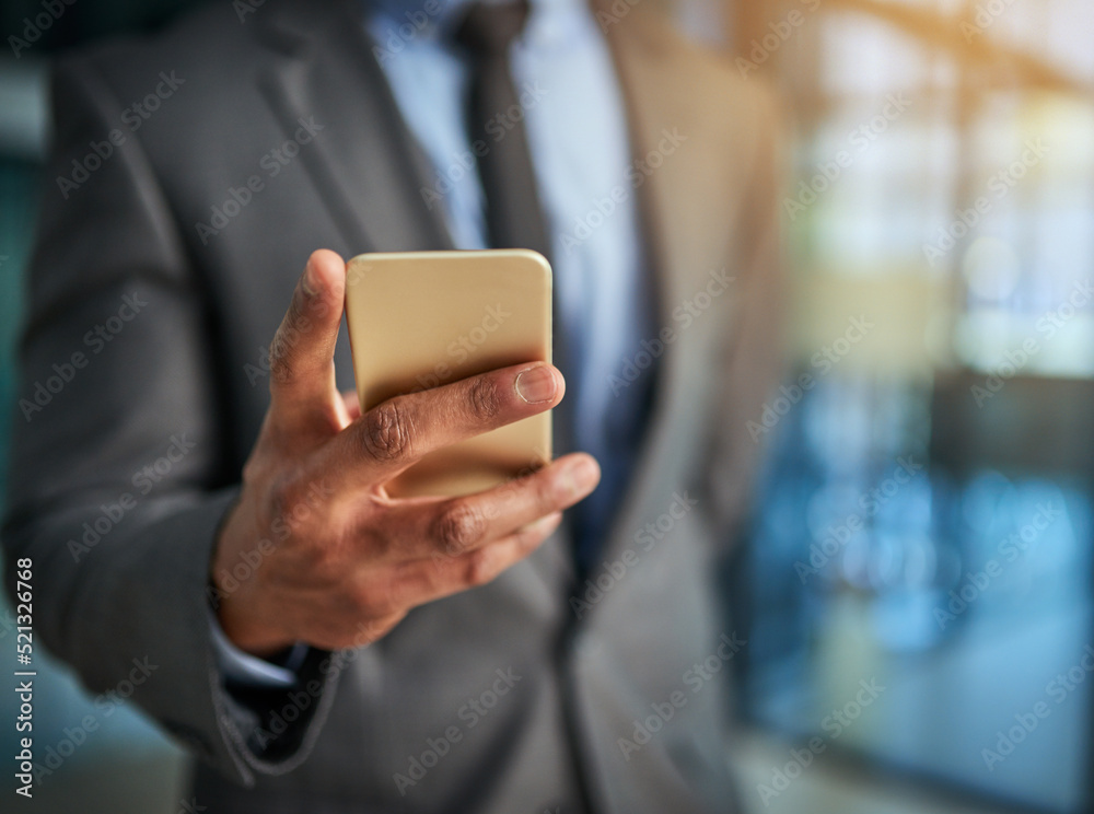 Poster business, phone and hand of a professional man typing a message, browsing online and using a mobile 