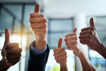Thumbs up, support and hand sign shown by professional corporate business people in an office...