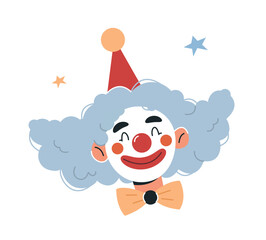 Clown mask icon. Sticker for social networks. Entertainment and activities, cheerful character. Graphic elements for website. Festival and event, happy birthday. Cartoon flat vector illustration