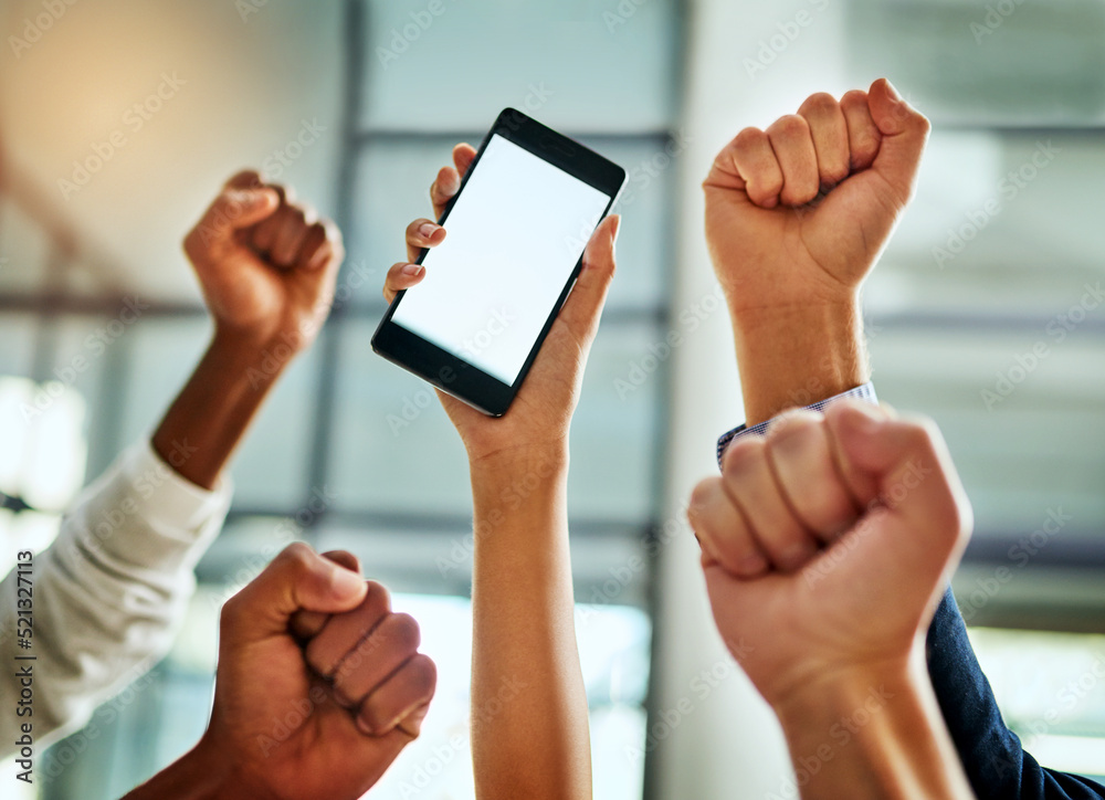 Poster Hands of business people cheering and celebrating good news on a phone with blank screen for copy space inside. Excited team of office workers showing hand gesture for success, victory and winning