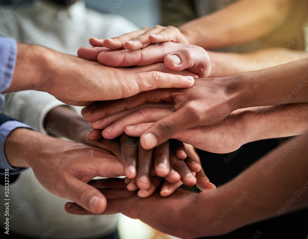 Leinwandbilder diverse hands in unity, support and teamwork at a business or company that is winning. group of corp
