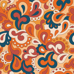 Retro seamless pattern. Swirls and paisley elements in boho design. Hippie psychedelic vector background. Colorful abstract vintage vector print. Summer groovy textile design