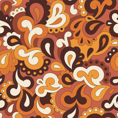 Retro seamless pattern. Swirls and paisley elements in boho design. Hippie psychedelic vector background. Colorful abstract vintage vector print. Summer groovy textile design