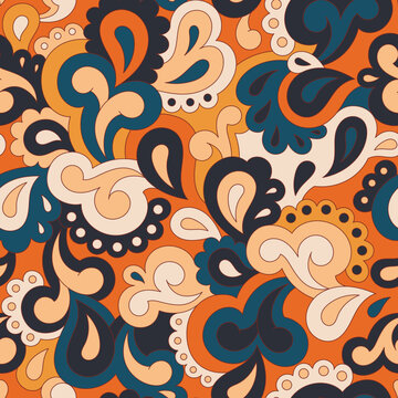 Retro seamless pattern. Swirls and paisley elements in boho design. Hippie psychedelic vector background. Colorful abstract vintage vector print. Summer groovy textile design