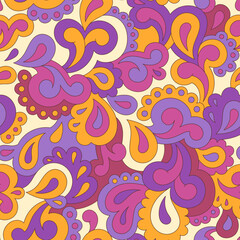 Retro seamless pattern. Swirls and paisley elements in boho design. Hippie psychedelic vector background. Colorful abstract vintage vector print. Summer groovy textile design