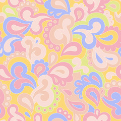 Fototapeta na wymiar Retro seamless pattern. Swirls and paisley elements in boho design. Hippie psychedelic vector background. Colorful abstract vintage vector print. Summer groovy textile design
