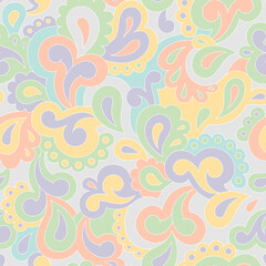 Retro seamless pattern. Swirls and paisley elements in boho design. Hippie psychedelic vector background. Colorful abstract vintage vector print. Summer groovy textile design