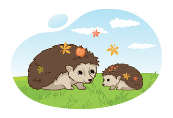 Hedgehogs at field. Mother and children in nature. Forest dwellers with leaves and apples. Nature and fauna. Characters on grass, poster or banner for website. Cartoon flat vector illustration