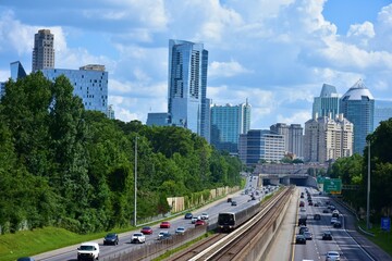 Buckhead Atlanta Skyline, Georgia 400 highway and MARTA rapid rail train tracks 