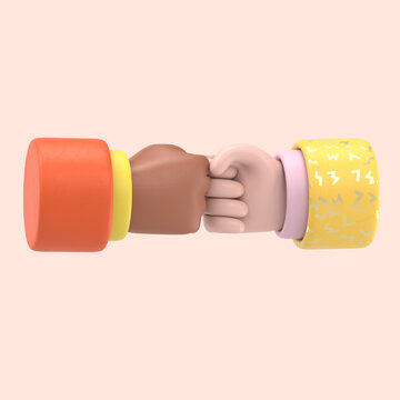 3d cartoon hand and partner giving fist bump hand, fist bump icon, two fists bumping each other, teamwork, partnership, friendship, 3d rendering.