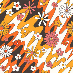 Abstract psychedelic fashion print. Colorful groovy retro background. Vintage 60s 70s hippie floral seamless pattern. Fluid lines and cartoon flowers boho textile design
