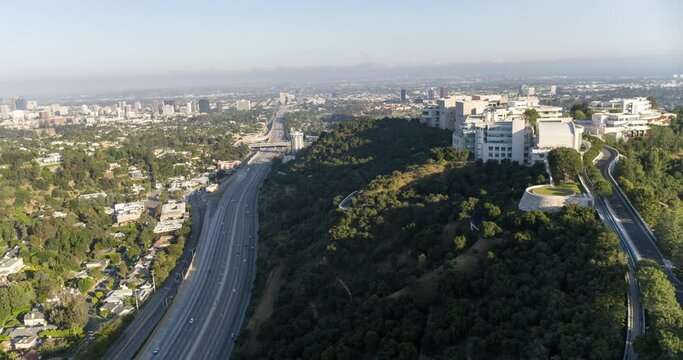 Aerial Panning The Freeway Next To The Getty Research Institute Hillside Campus - Los Angeles, California