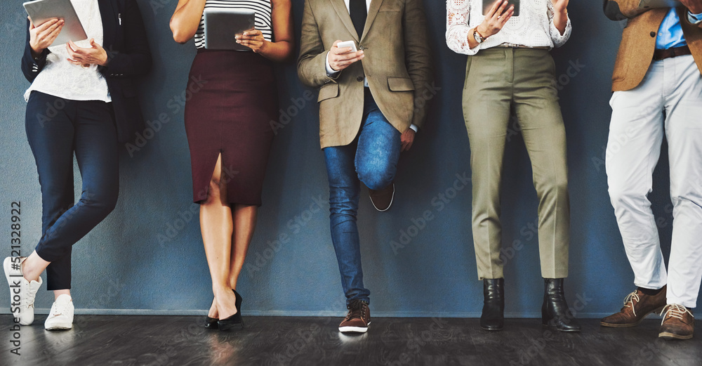 Aufkleber Connected, communication and network of diverse businesspeople using multimedia technology, waiting for an interview. Professional group standing in a row, browsing social media with online apps