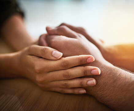 Holding Hands Showing Care, Love And Support Between Friends, Couple Or Family. People Comforting, Giving Affection And Consoling With A Hand Gesture And Touch For Compassion, Empathy And Kindness