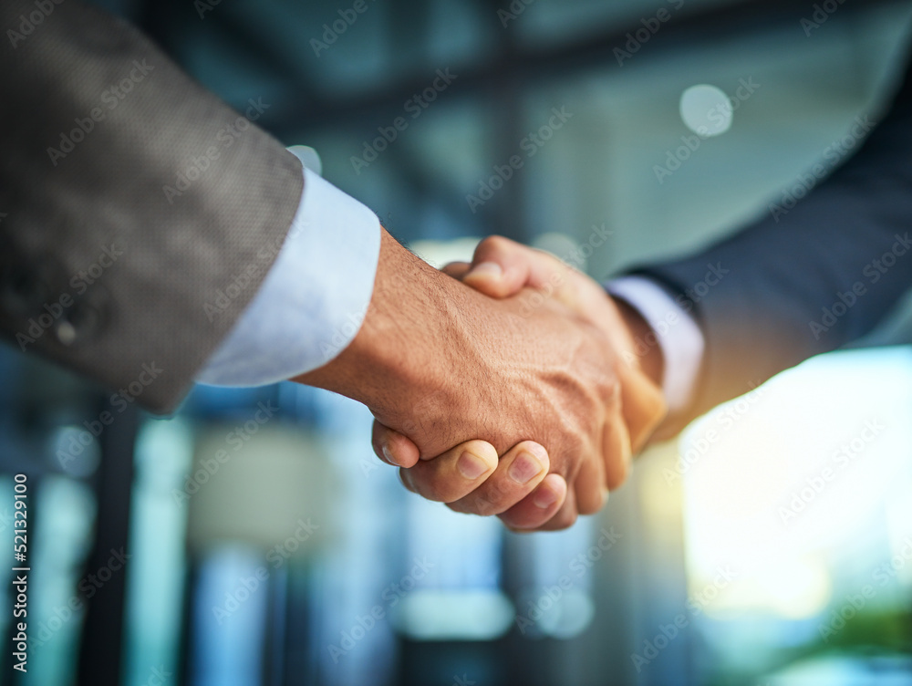 Poster Handshake, collaboration and businessmen celebrating and congratulating on success for a sealed deal. HR manager hiring employee after successful interview. Hands of partners shaking on agreement