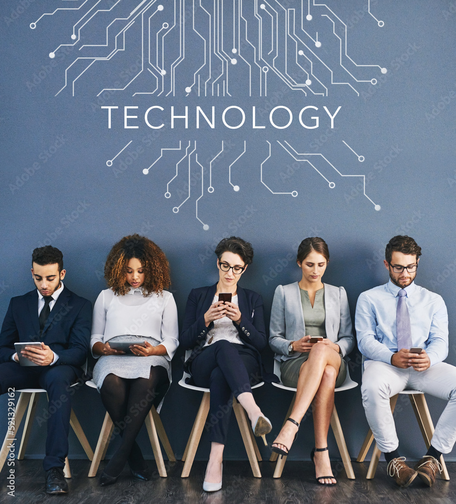 Poster connected, communication and network of diverse businesspeople using technology, waiting for an inte