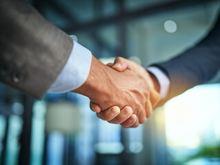 Handshake, collaboration and businessmen celebrating and congratulating on success for a sealed deal. HR manager hiring employee after successful interview. Hands of partners shaking on agreement