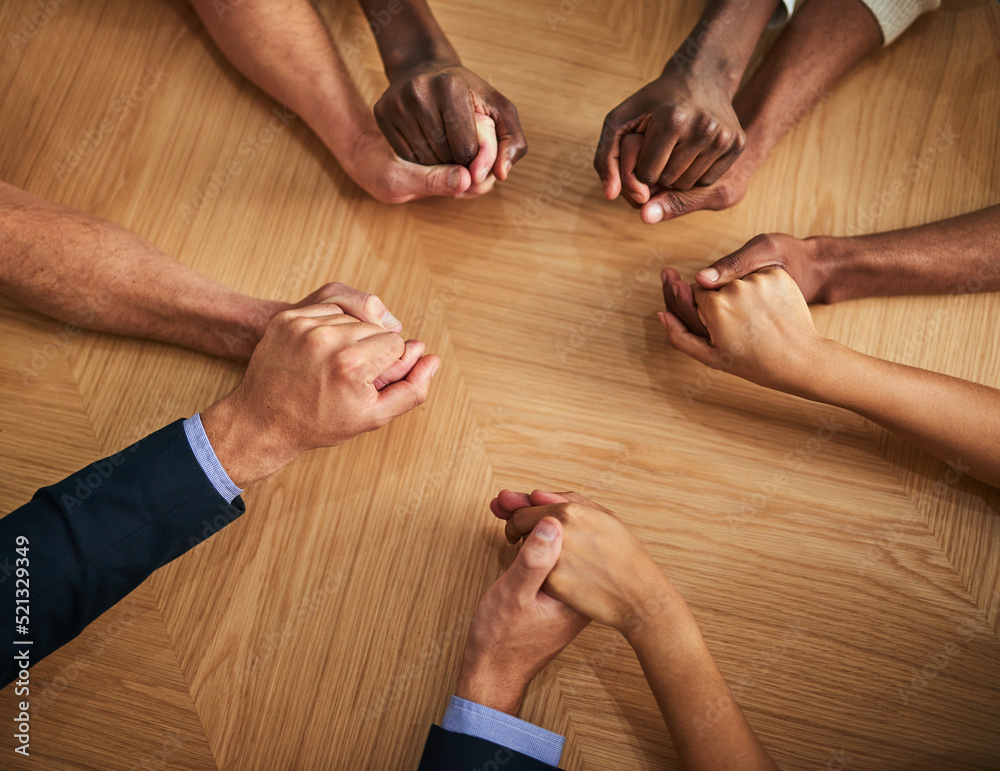 Poster united, support and trust by business people holding hands in a circle from above. community, teamwo
