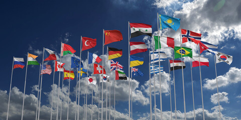 Flag waving global international around world europe america national blue sky business economy...