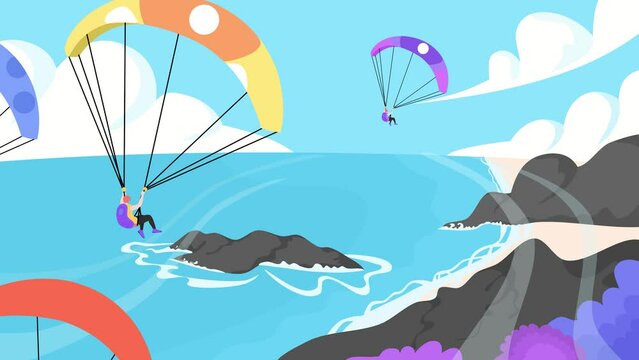 Skydiving with parachute by the shore