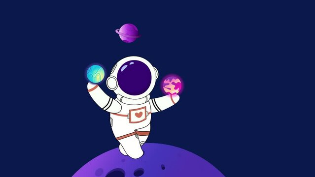 Astronaut juggling with different planets