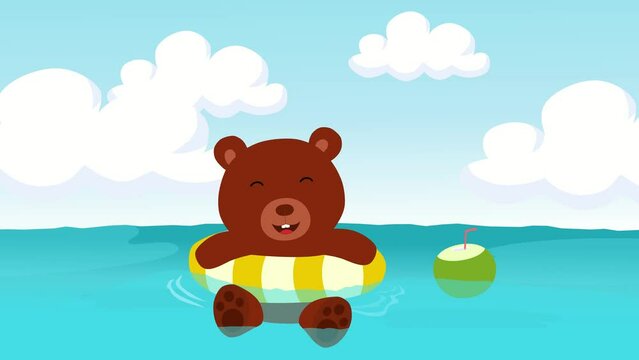 Bear floating with a tube in the ocean