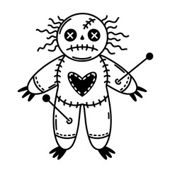 Voodoo doll vector icon. Sad fabric toy. Ritual magical symbol. Black outline, simple sketch isolated on white. Doll with a heart, a body with stuck needles. Clipart for web, logo,apps, esoteric sites