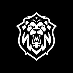 Angry lion head and shield emblem logo design. Line art vector illustration