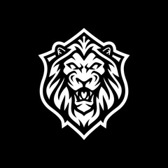 Angry lion head and shield emblem logo design. Line art vector illustration