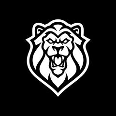 Angry lion head and shield emblem logo design. Line art vector illustration