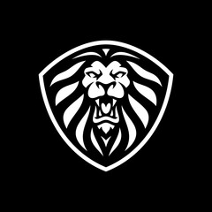 Angry lion head and shield emblem logo design. Line art vector illustration