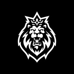 Lion king line art or silhouette logo design. Lion head with crown vector illustration on dark background