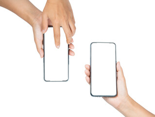 Hands women holding smartphone isolated white background