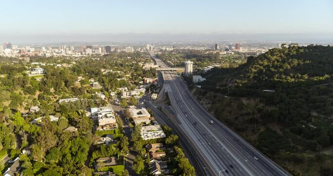 Aerial Panning High Over The Freeway And The Getty Research Institute Hillside Campus - Los Angeles, California