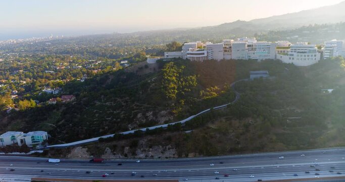 Aerial Panning The Massive Getty Research Institute Campus With A Busy Freeway In The Foreground - Los Angeles, California