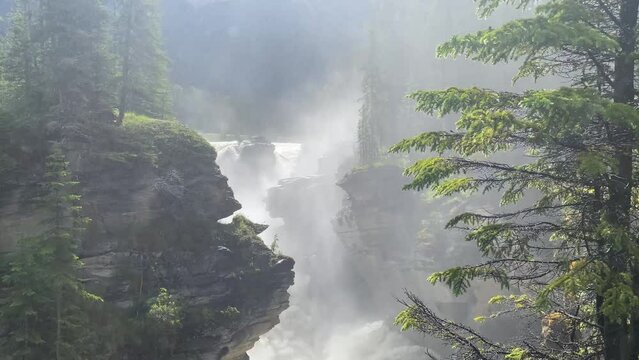Close up of Athabasca Falls waterfall in Jasper National Park Canada