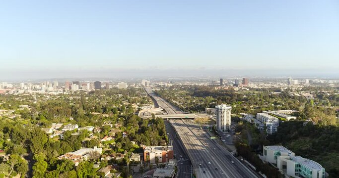 Aerial Moving Forward Over The Freeway And The Getty Research Institute Hillside Campus - Los Angeles, California