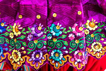 Close up of the skirt with traditional design for Cuenca city and Azuay province of Ecuador. It...