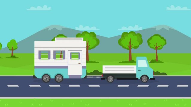 Blue caravan car moving on road near mountain