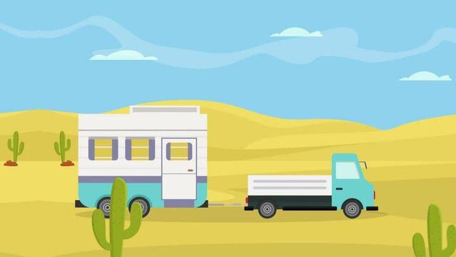Blue caravan car moving on the desert