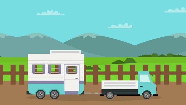 Blue caravan car passing on countryside road