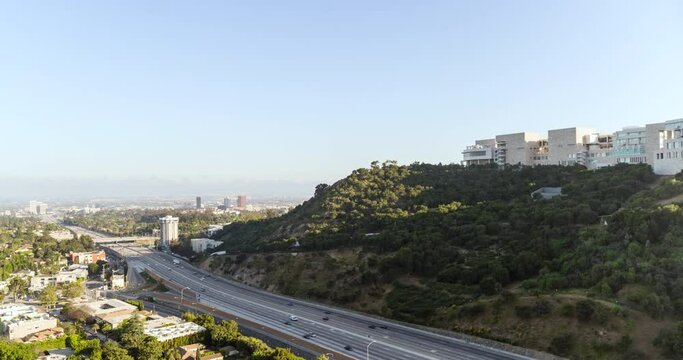 Aerial Slowly Panning The Freeway And The Getty Research Institute Hillside Campus - Los Angeles, California