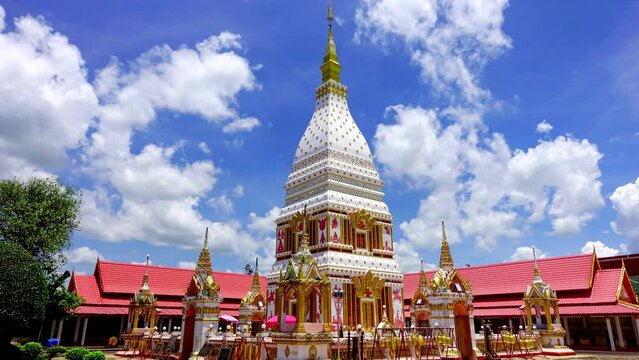 Time lapse, clouds puffy are moving above the Renu Pagoda of Phra That Renu temple in Nakhon Phanom, Thailand.