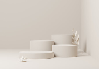 Cosmetic round podium or pedestal with leafs on white background, Abstract product display podium, 3d rendering studio with geometric shapes, Cosmetic product minimal scene with platform