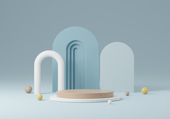 Cosmetic round podium or pedestal on blue background, Abstract product display podium, 3d rendering studio with geometric shapes, Stand to show products background
