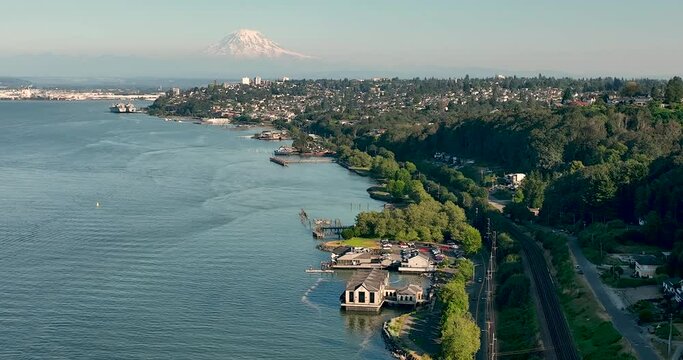 Late Afternoon Light Aerial View Tacoma Washington Thea Foss Waterway Mt Rainier USA