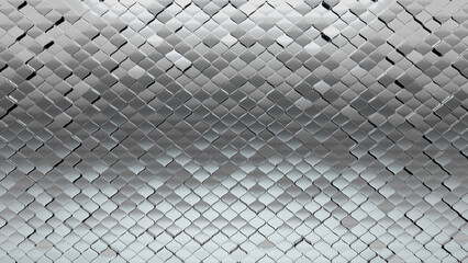Polished, Silver Wall background with tiles. Luxurious, tile Wallpaper with Arabesque, 3D blocks. 3D Render