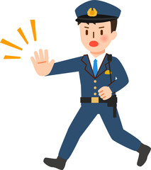 手のひらを突き出して走る警察官